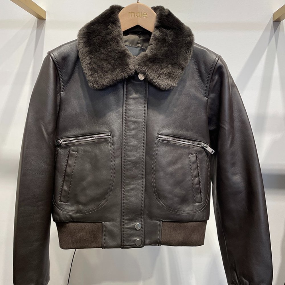 NWT MAJE 120BIRMAN LEATHER JACKET WITH FAUX FUR COLLAR SZ EU38
